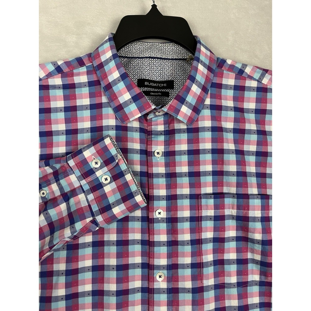 Bugatchi Shirt Men XL Pink Plaid Classic Fit Pocket Flip Cuff Lightweight Preppy
